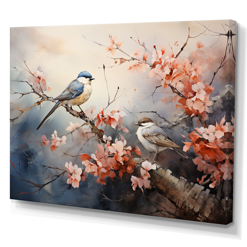 Oiseaux roses et bleus sur un arbre en fleurs II - Art mural oiseau, Toile tendue, H 32 po x l 24 po x P 1 po