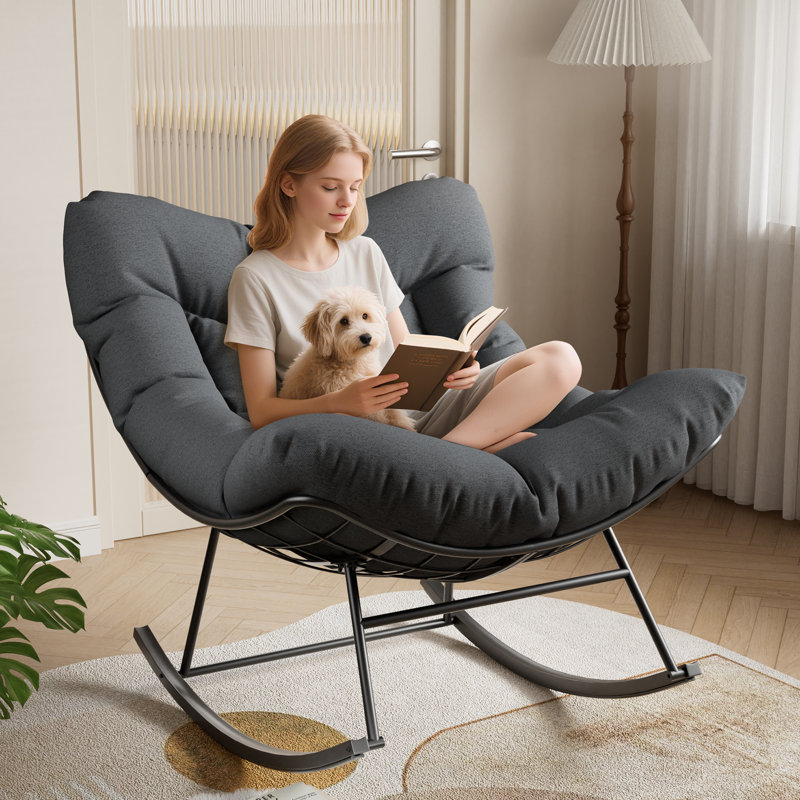 Outdoor Papasan Rocking Chair, Oversized Lounge Chair with Sturdy Metal Frame, Patio Rattan Rocker for Balcony Backyard Porch Bedroom
