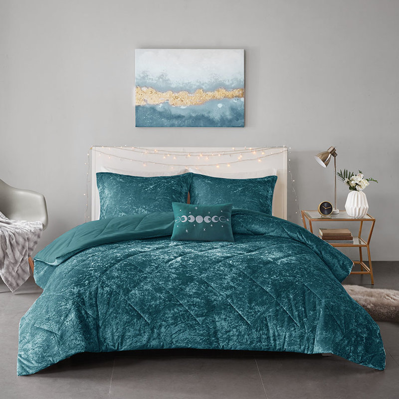 Literie en velours bleu sarcelle pour lit simple / simple TG - rembourrage en losange avec coussin décoratif à vapeur en couleur lavable à la machine, aspect fer à repasser