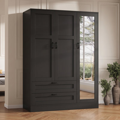 5-In-1 Wardrobe Closet With Full Length Glass Mirror And 2 Drawers, Freestanding Storage Cabinet With Adjustable Shelves, Modern Armoire For Bedroom