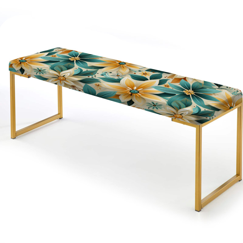 Upholstered Gold Bench, Turquoise Timeless Garden Flowers