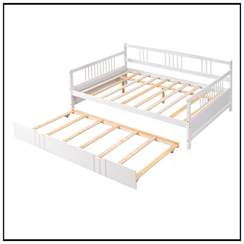 Full Size Daybed Wood Bed With Twin Trundle, Space-Saving And Multi-Functional Design For Modern Living, White