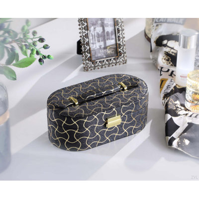 9.5" Long Leather Jewellery Organizer Case With Mirror, Gold Swirl Pattern, Black