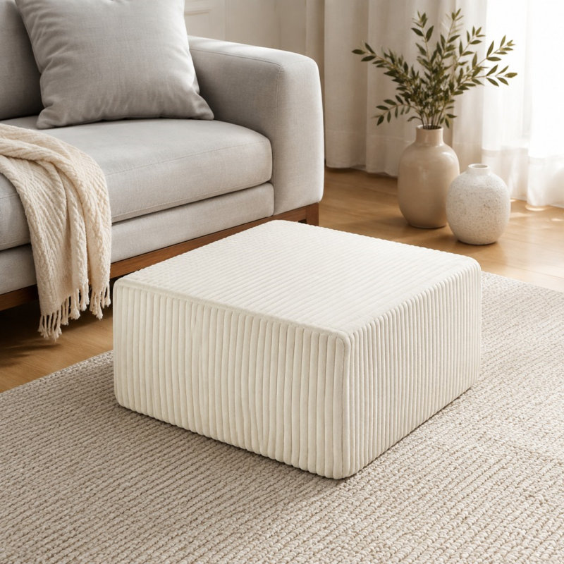Pouf modulaire cube en velours côtelé à rayures carrées, Blanc / Blanc