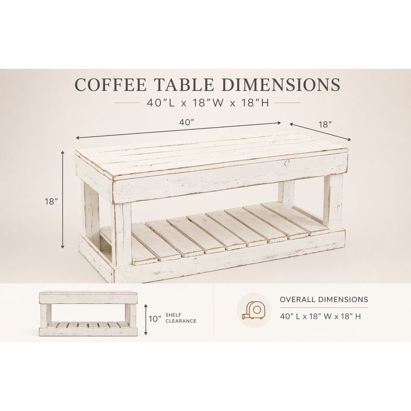 Table basse en bois de récupération massif moderne 40 po avec tablette à lattes (blanc), Blanc