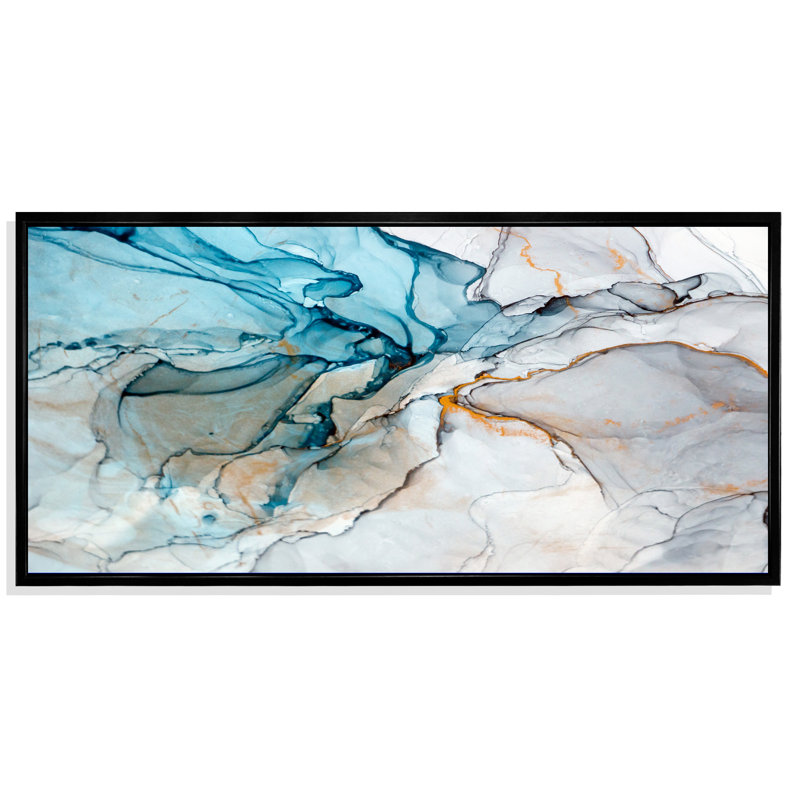 Luxry Blue and Grey Marble Art Ripples - impression sur toile, H 28 po x l 60 po, Reproduction avec cadre flottant, Noir