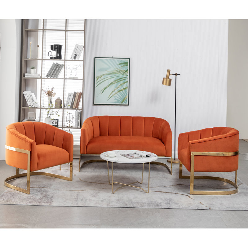 Ensemble de salon en velours 3 pièces Tellico, Velours orange