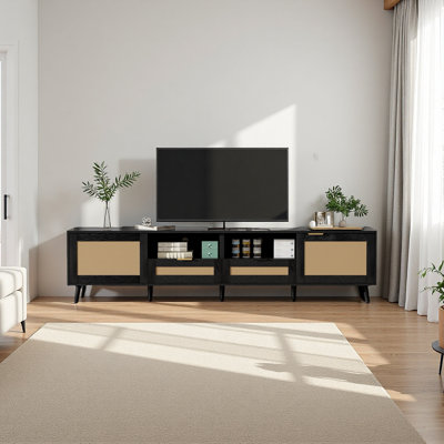 Meuble télé pour téléviseur de 85 po ou moins, console multimédia de style campagne moderne, centre de divertissement avec pieds en bois massif, meuble télé pour le salon, cinéma maison