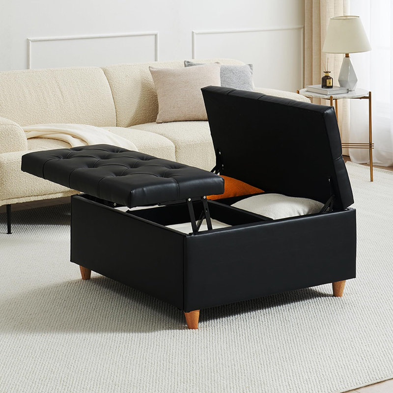 Table basse avec repose-pieds en cuir avec plateau relevable, repose-pieds capitonné en similicuir avec rangement, grand banc repose-pieds carré avec rangement pour le salon de la chambre à coucher (cuir, noir)