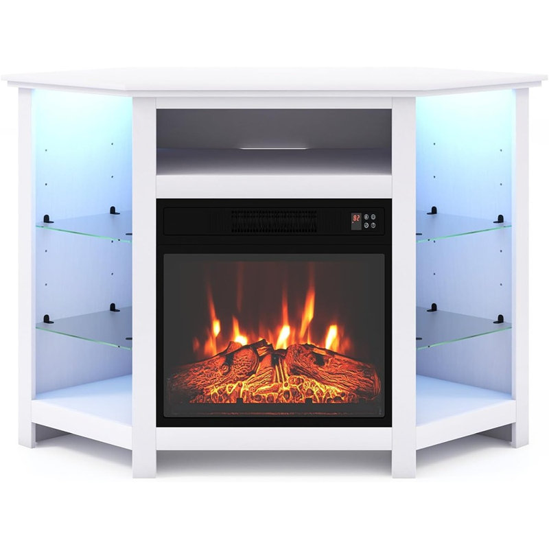 Electric Fireplace Corner TV Stand For Tvs Up To 50 Inches, Modern Fireplace Entertainment Center With 16-Color LED Lights, Adjustable Shelves, Remote & Smart APP Control (White)