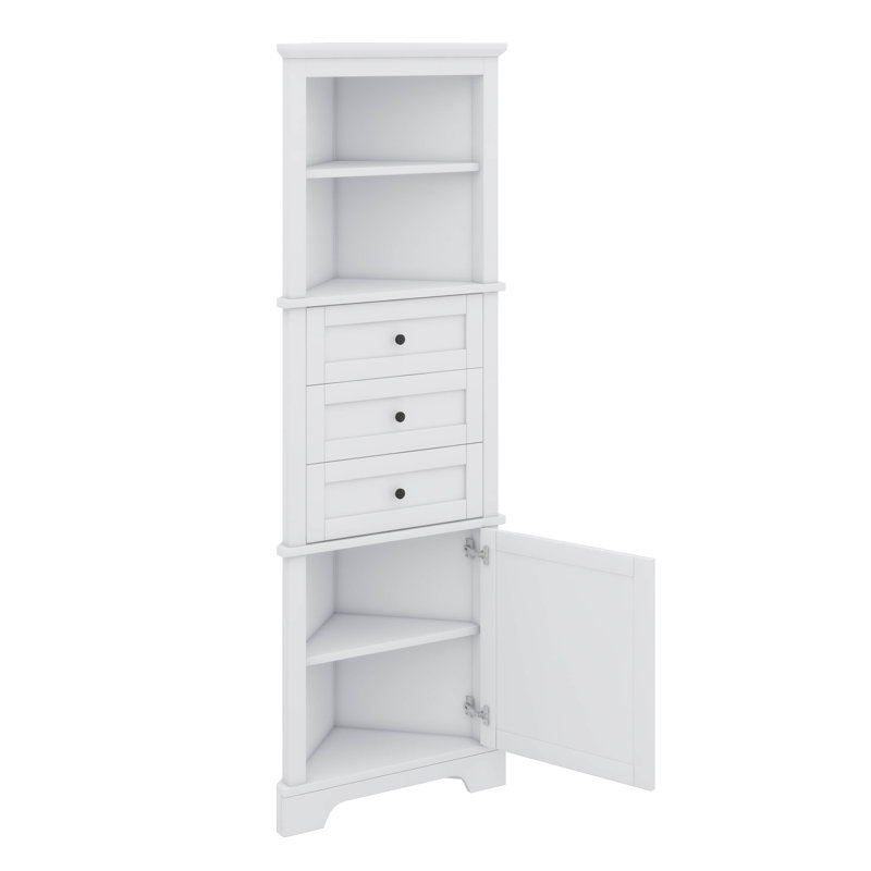 Armoire de salle de bain haute en coin avec portes, organisateurs triangulaires et rangement avec 3 tiroirs et tablettes réglables, armoire de toilette pour la salle de bain