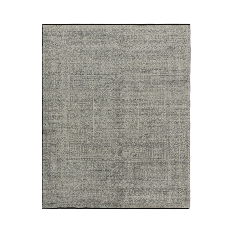Hand Knotted Wool Area Rug in Gray, White, Black, Rectangle 6' x 9'