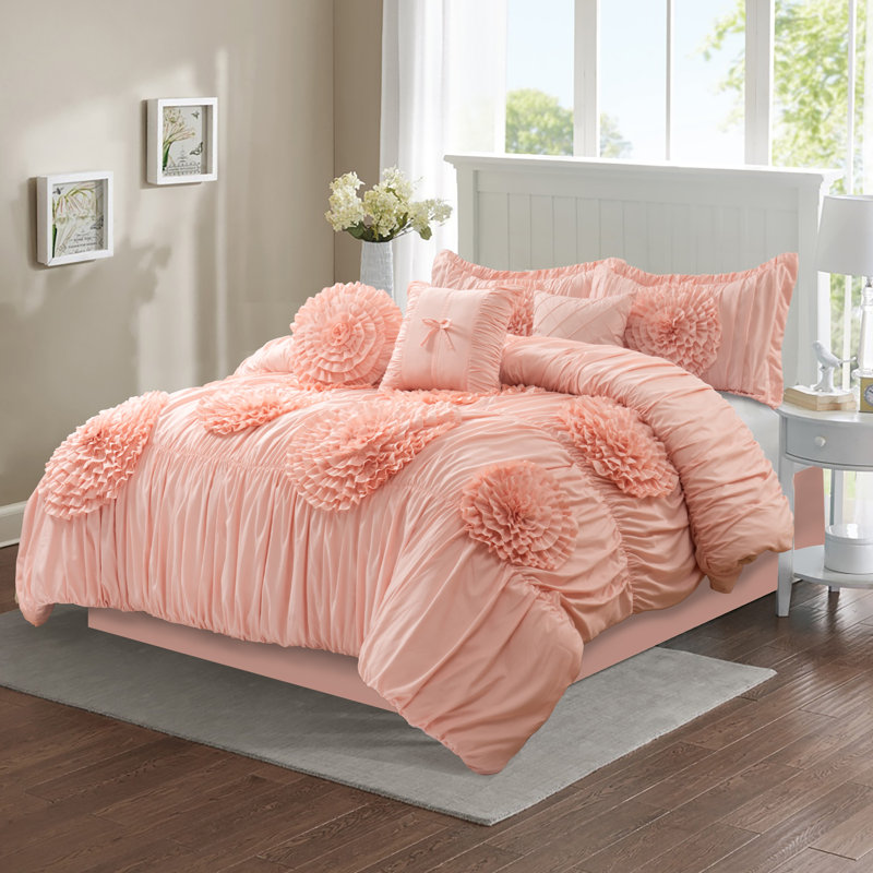 Floral Ruffle Comforter Set, 7-Piece Farmhouse Bedding Set With Bed Skirt & Decorative Pillows, Soft Brushed Microfiber, Romantic Country Style For All Seasons