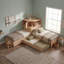 Structure de lit simple en forme de L avec lit gigogne, armoire et tiroirs, lit plateforme en coin 3-en-1 avec bureau encastré et luminaire à DEL, bois de pin + cadre en contreplaqué-630922624