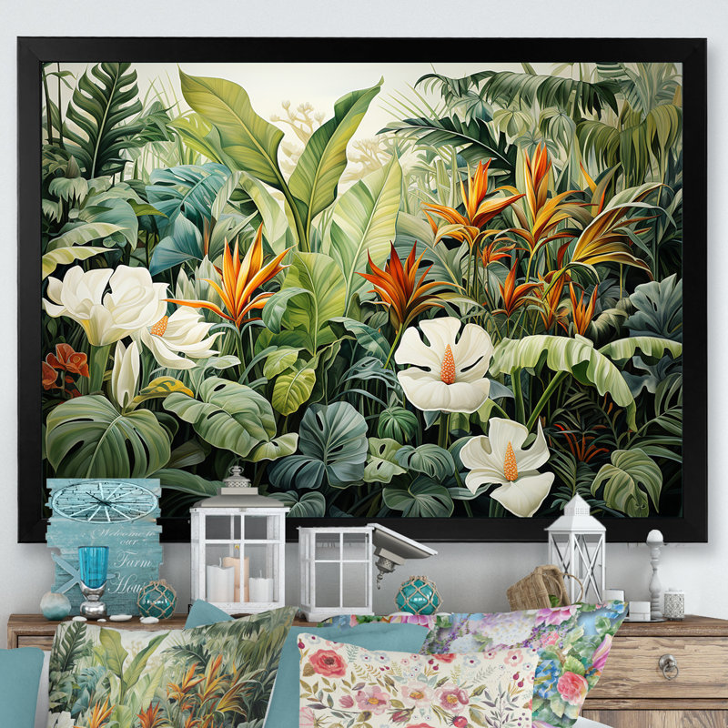 Décoration murale blanche botanique contemporaine Jungle Wonders - Plantes, Cadre simple noir, H 34 po x l 44 po x P 1,5 po