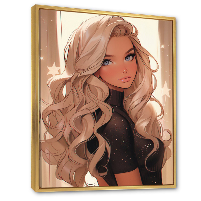 «Gorgeous Blonde Woman Portrait I» - Décoration murale tendance, H 32 po x l 16 po x P 1 po, Cadre flottant doré