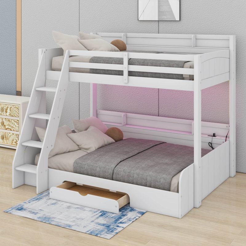 Twin Over Full Bunk Bed With Charging Station And Drawer, White