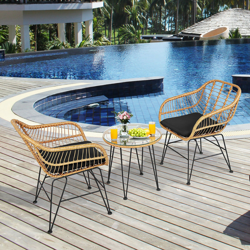 Brookley 2 - Person Wicker Patio Dining Set with Round Table , Cushions Included, Black, Claybank