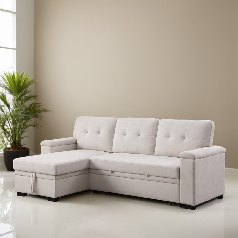 84.62" Pull Out Reversible Sleeper Sectional Sofa Bed with Storage Chaise, Beige Polyester