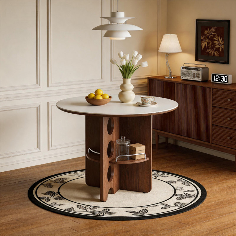 Medieval-style white Sintered Stone round dining table with storage compartments
