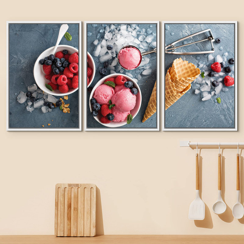 Décoration murale moderne crème glacée à la framboise dans un bol blanc, H 24 po x l 48 po, Cadre flottant blanc