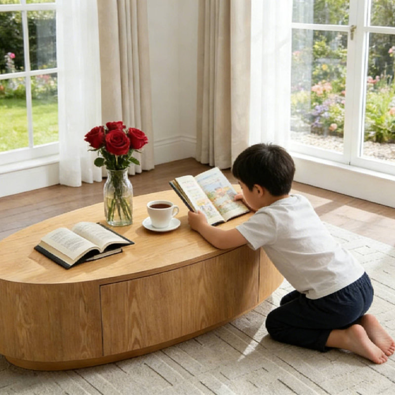 47.24" MDF Coffee Table, Natural Oval Center Table With Drawer For Living Room Condo Family Room, Natural