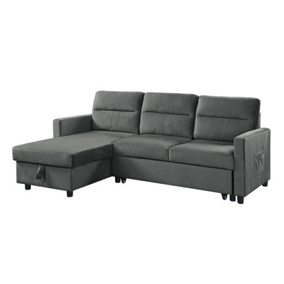 Ivy 81.5" Dark Gray Velvet Reversible Sleeper Sectional Sofa With Storage Chaise And Side Pocket