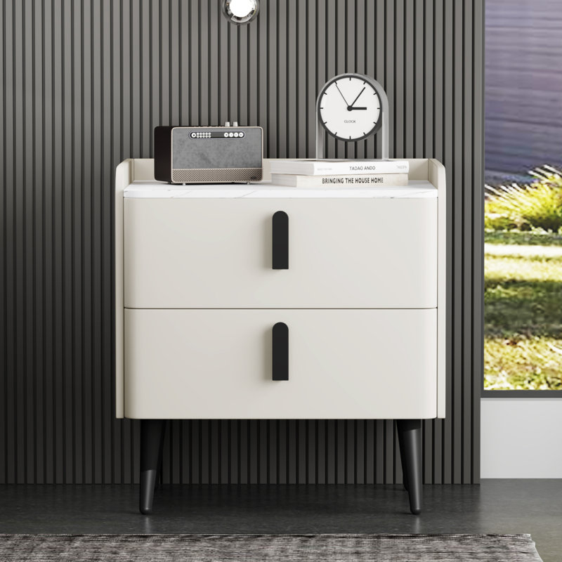 Table de chevet avec 2 tiroirs, table de chevet avec plateau en marbre, table d'appoint moderne pour la chambre à coucher, table de bout pour le salon, blanc
