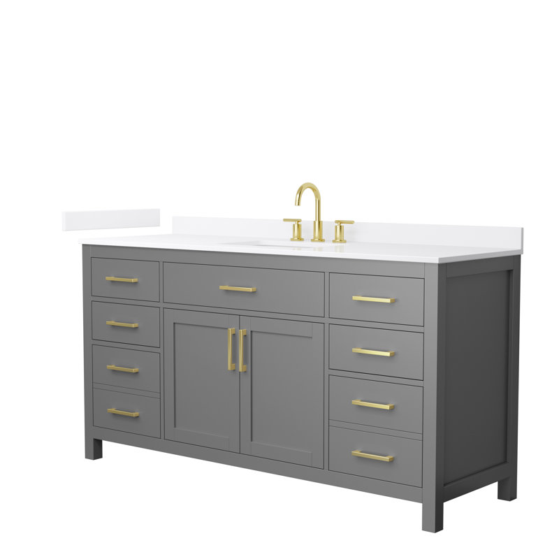 Meuble-lavabo simple autoportant de 66 po avec plateau en quartz Beckett, Gris foncé, Or brossé, Quartz blanc