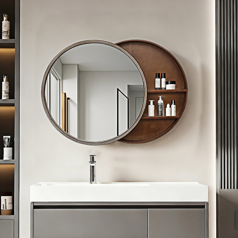 Miroir mural coulissant rond avec tablettes de rangement