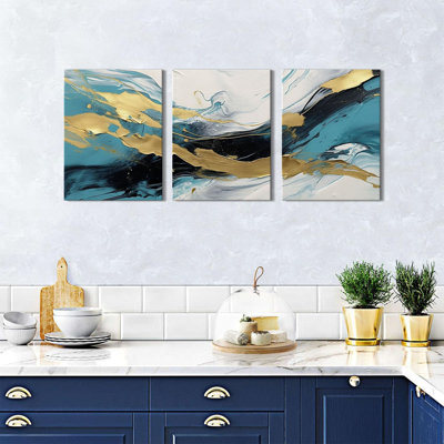Abstrait bleu sarcelle sur toile, ensemble de 3 décorations abstraites à l'encre dorée pour salle de bain 12 x 16 po, peinture abstraite à paillettes turquoise moderne encadrée
