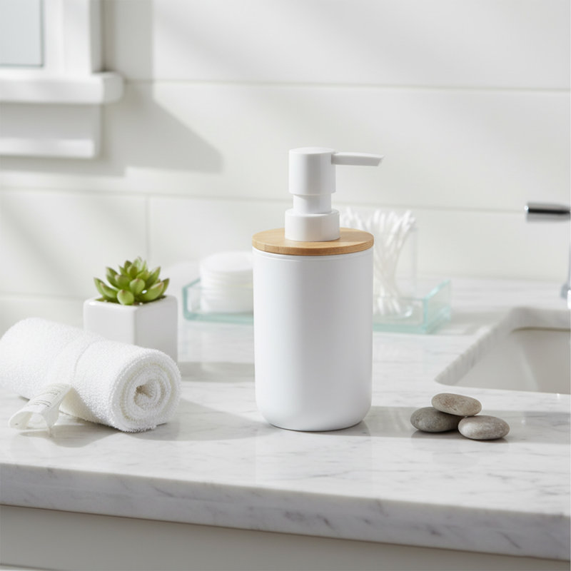 Padang Soap and Lotion Dispenser with Bamboo, Blanc/brun