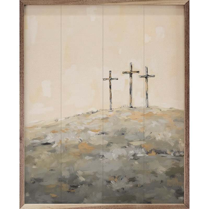 Trois croix sur une colline, H 10 po x l 8 po