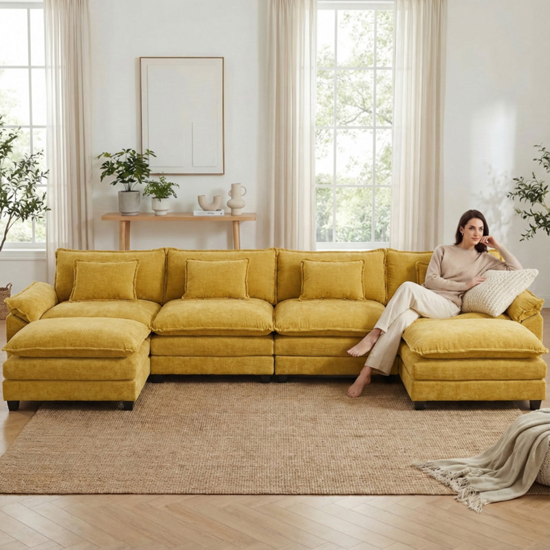 Canapé modulaire modulaire en U à rayons en forme de U de 154 po avec repose-pieds amovible Modern, Chenille jaune