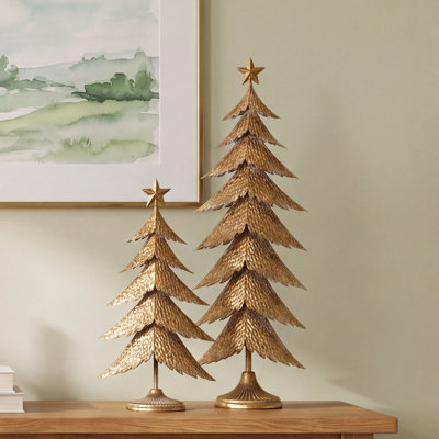  Antique Gold Christmas Trees 35"H Set of Two – Distressed Metal Holiday Topiary Decor