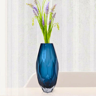 Ava Art Deco Cut Glass Table Vase with Faceted Geometric Design, 7-Inch Decorative Accent Vase, Blue