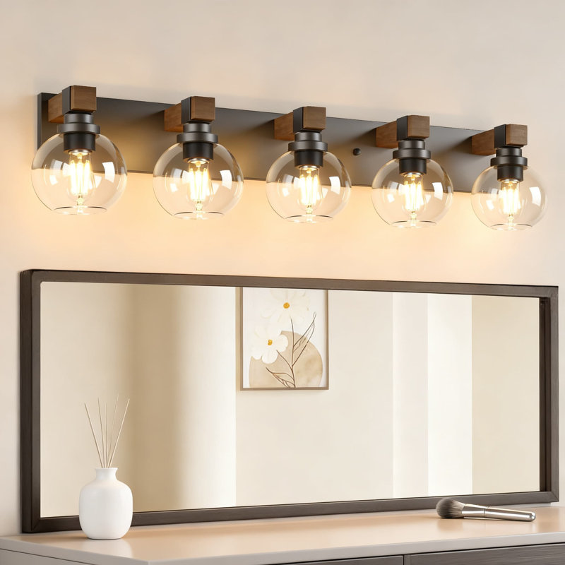 Applique murale en bois rustique pour salle de bain à 5 lumières avec abat-jour en verre Farmhouse Farmhouse