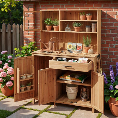 Potting Bench With Hutch, Large Countertop, Adjustable Shelves, Spice Rack, Side Hooks And Drawer