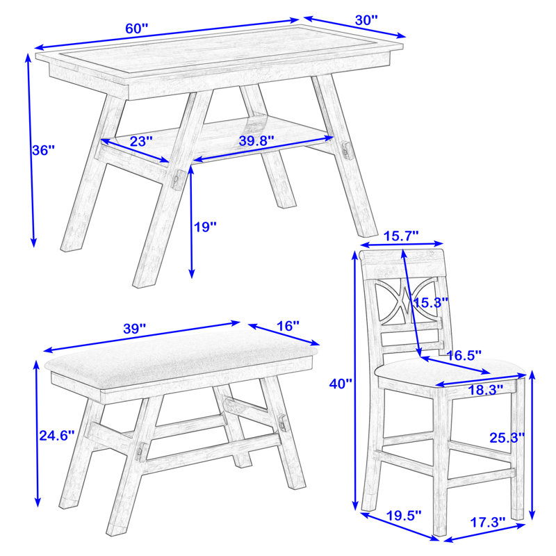 Damu 6 - Piece Dining Set, Dining Table with Storage Shelf and Bench and 4 Chairs, Walnut, Walnut
