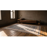 Antique Indian White and Blue Color Geometric Design Cotton Agra Area Rug