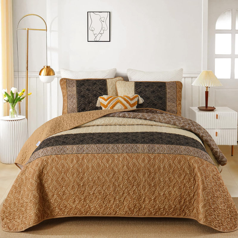 Ensemble de courtepointe 3 pièces Boho, Courtepointe pour très grand lit et 2 taies d'ore, Brun