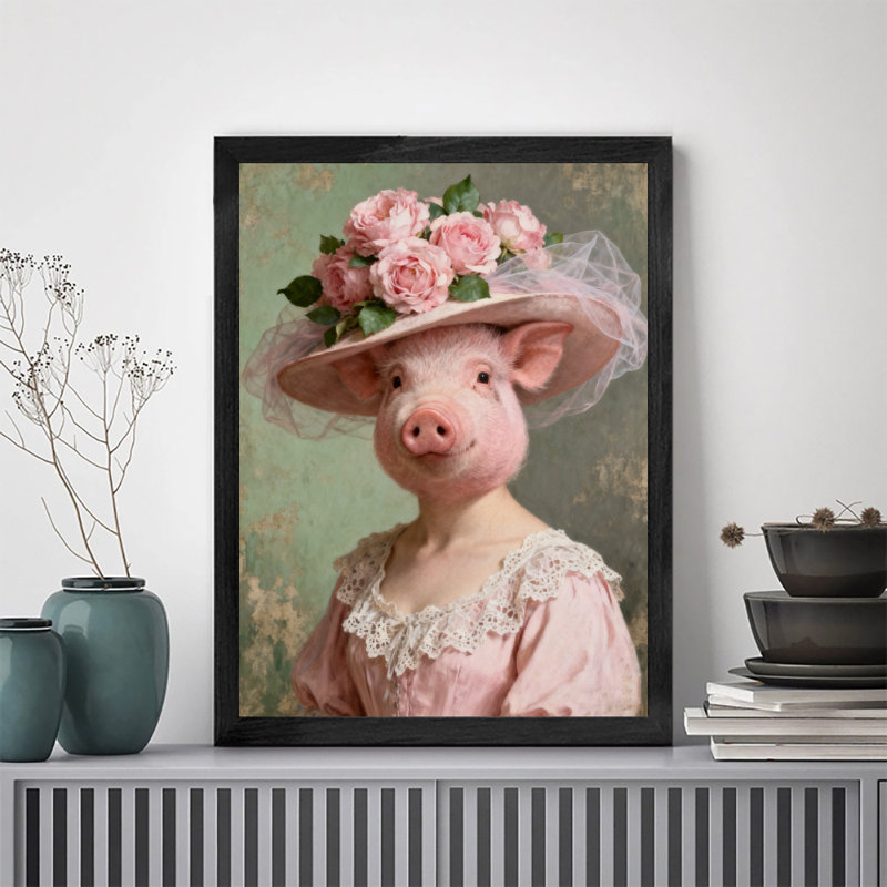 Art encadré noir avec cochon rose rétro, H 11 po x l 9 po