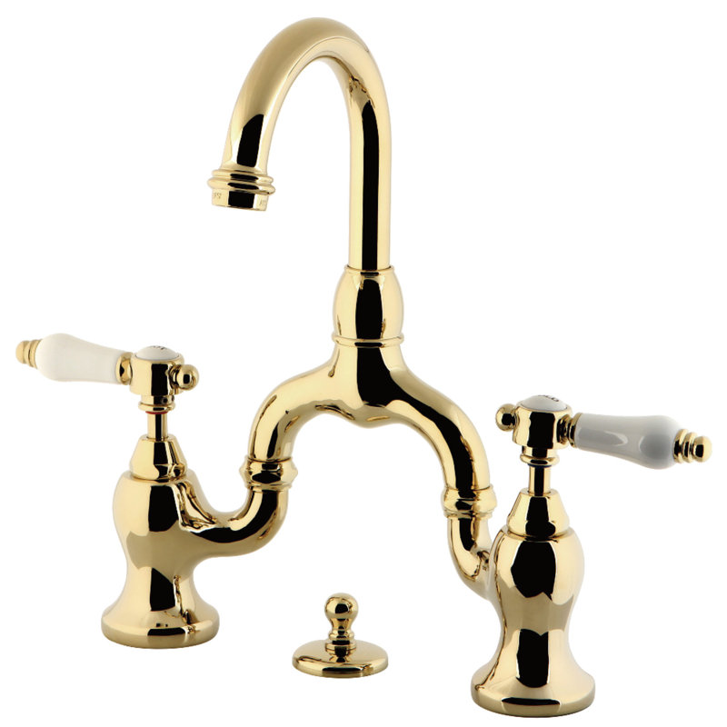 Kingston Brass Bel-Air Two-Handle 3-Hole Deck Mount Bridge Bathroom Faucet with Brass Pop-Up, Polished Brass