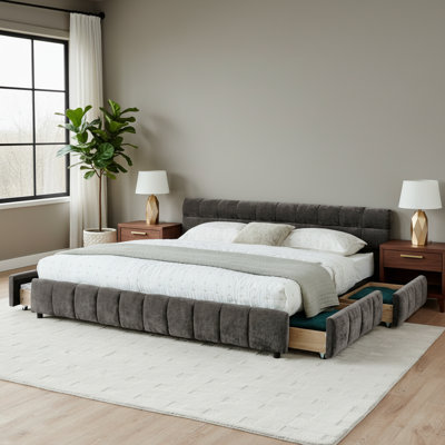 California King size Upholstered Bed ,comfortable upholstered bed frame, Chenille fabric, with headboard and solid bed frame. With drawer for storage.-Dark Grey(90.5''*80.5''*31'')