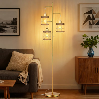 Lampe sur pied industrielle de 68 po à 3 lumières avec gradation continue pour étude de chambre à coucher, 3 ampoules à DEL incluses