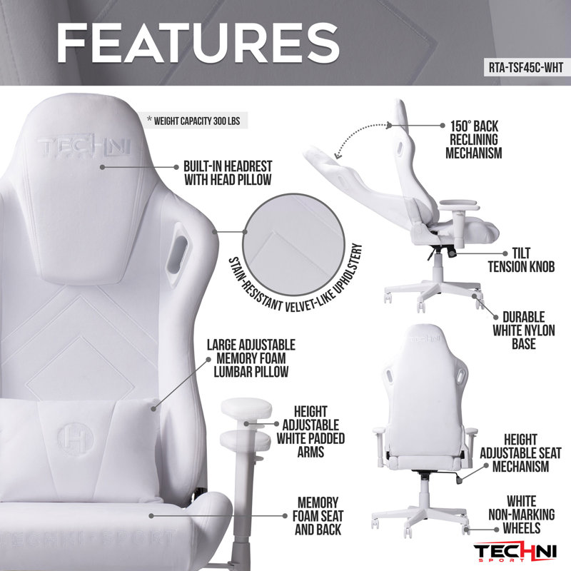 Techni Sport Adjustable Reclining Ergonomic Swiveling PC & Racing Game Chair, White
