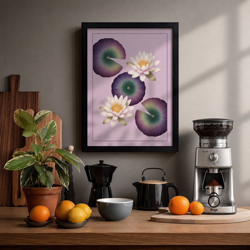 Water Lilies In Bloom Botanical - Print, A2 - 59.4 x 42.0 cm, Black