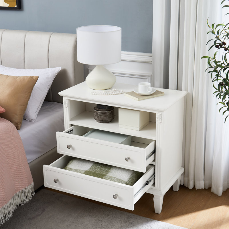 Table de chevet de style chambre à coucher avec charge: 2 tiroirs, commode à aire ouverte, hublots, pieds en bois massif, commode et tiroirs de rangement blancs, conception bien pensée pour