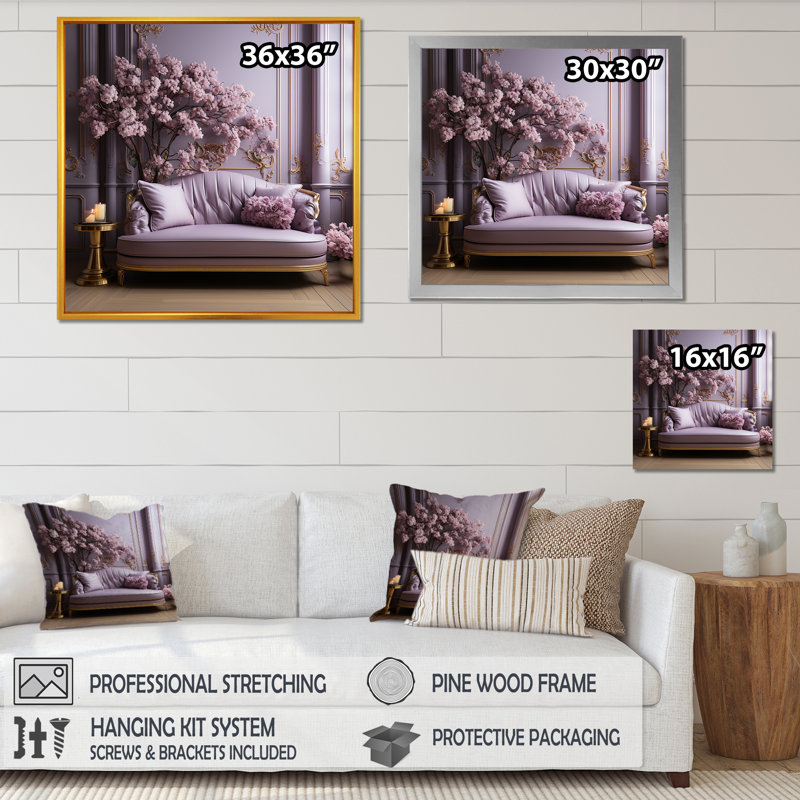 Canapé lilas orné d'accents dorés II - lilas, art mural pour le salon, 36" H x 36" W, Encadrement argenté