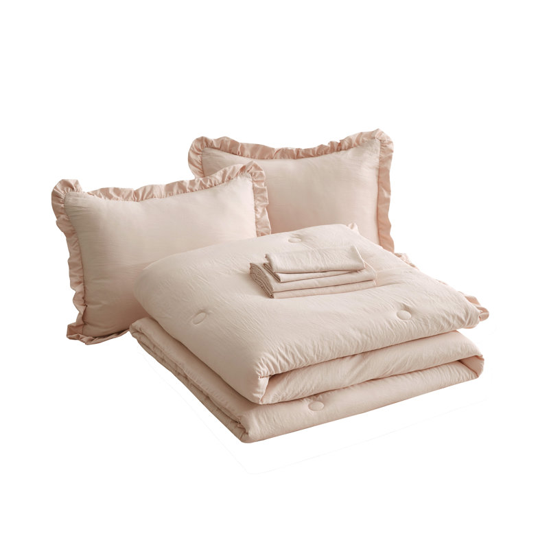 Ruffled Edge Microfiber Bed in a Bag Comforter Set, Blush, Oversized Queen Comforter + 6 Additional Pieces